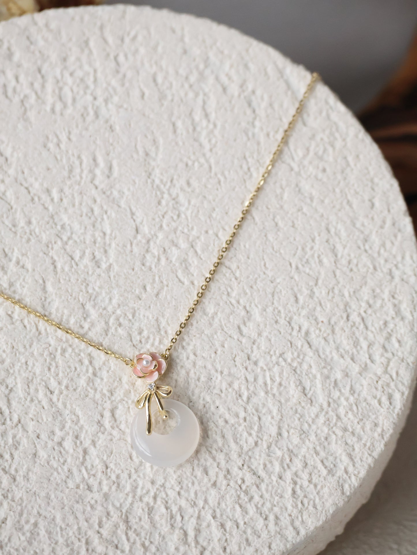 *Instocks* Zahra White Agate Ping An Kou with Ribbon & Pink Flower S925 Necklace