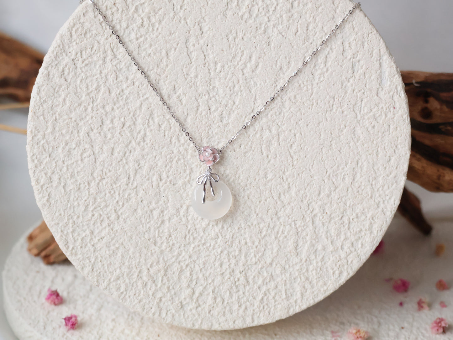 *Instocks* Zahra White Agate Ping An Kou with Ribbon & Pink Flower S925 Necklace