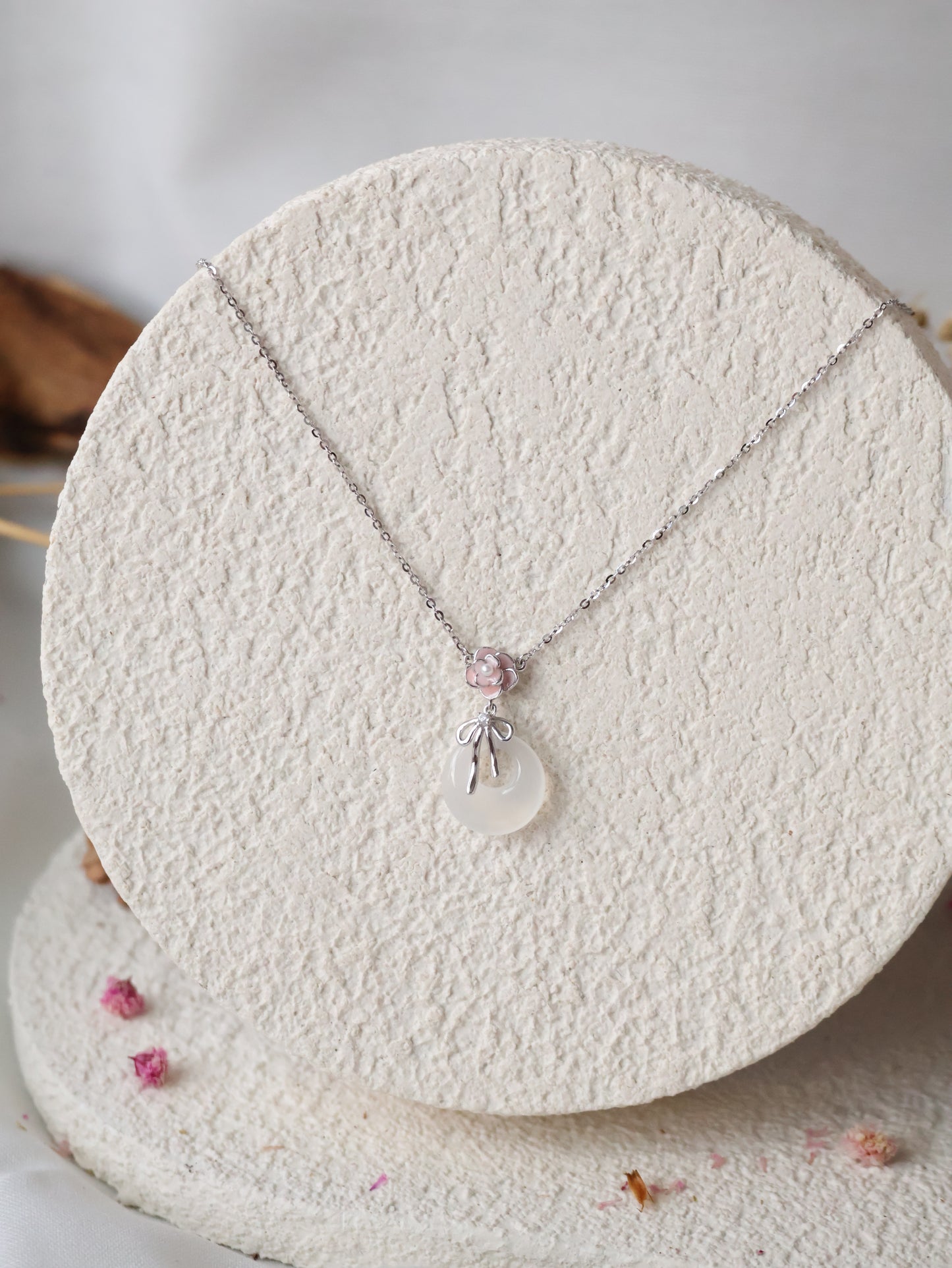 *Instocks* Zahra White Agate Ping An Kou with Ribbon & Pink Flower S925 Necklace