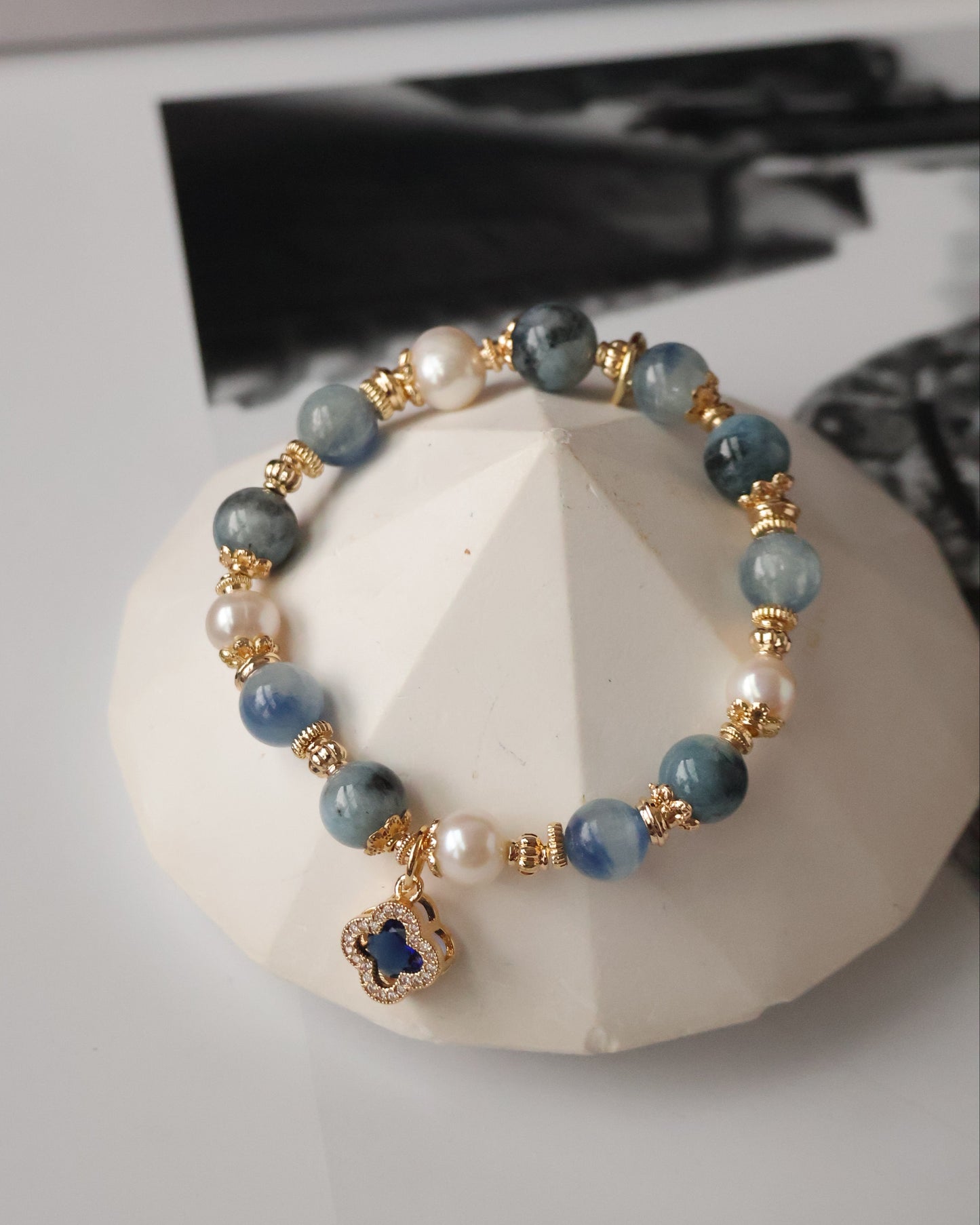 *Instocks* Cordelia Twin: 10mm + 8mm Blue Kyanite, Fresh Water Pearls & Devil Eye Aquamarine