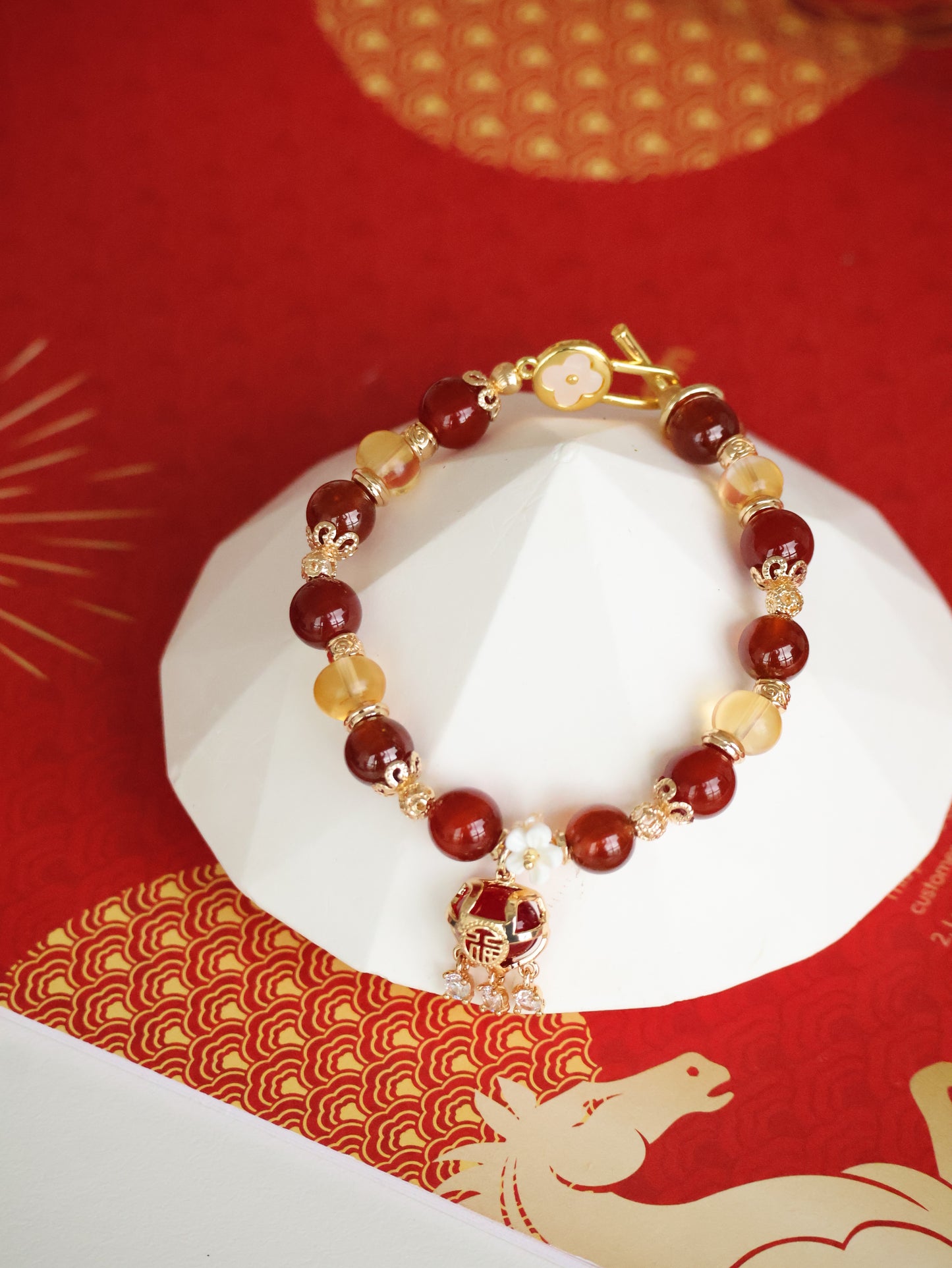 *Instocks* Moni Pouch - 8mm Carnelian, Garnet, Citirine with 聚宝盆 Dangly Charm (Elastic)