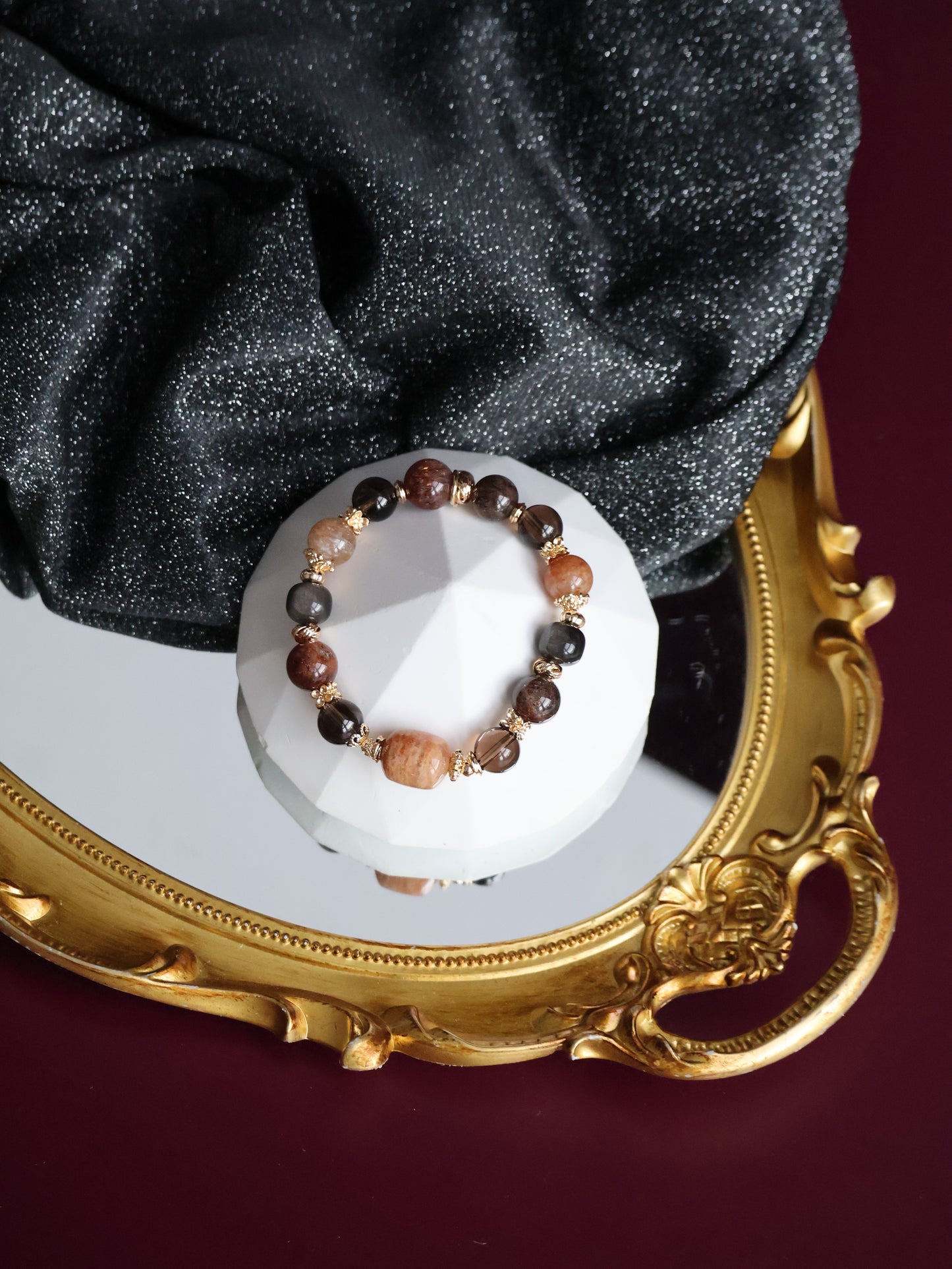 Garden Quartz, Smoky Quartz, Sliver Sheen Obsidian, Black Gold Super 7 Crystal Bracelet — Reddish Slushie Inspired Dupe | 10mm (Elastic)