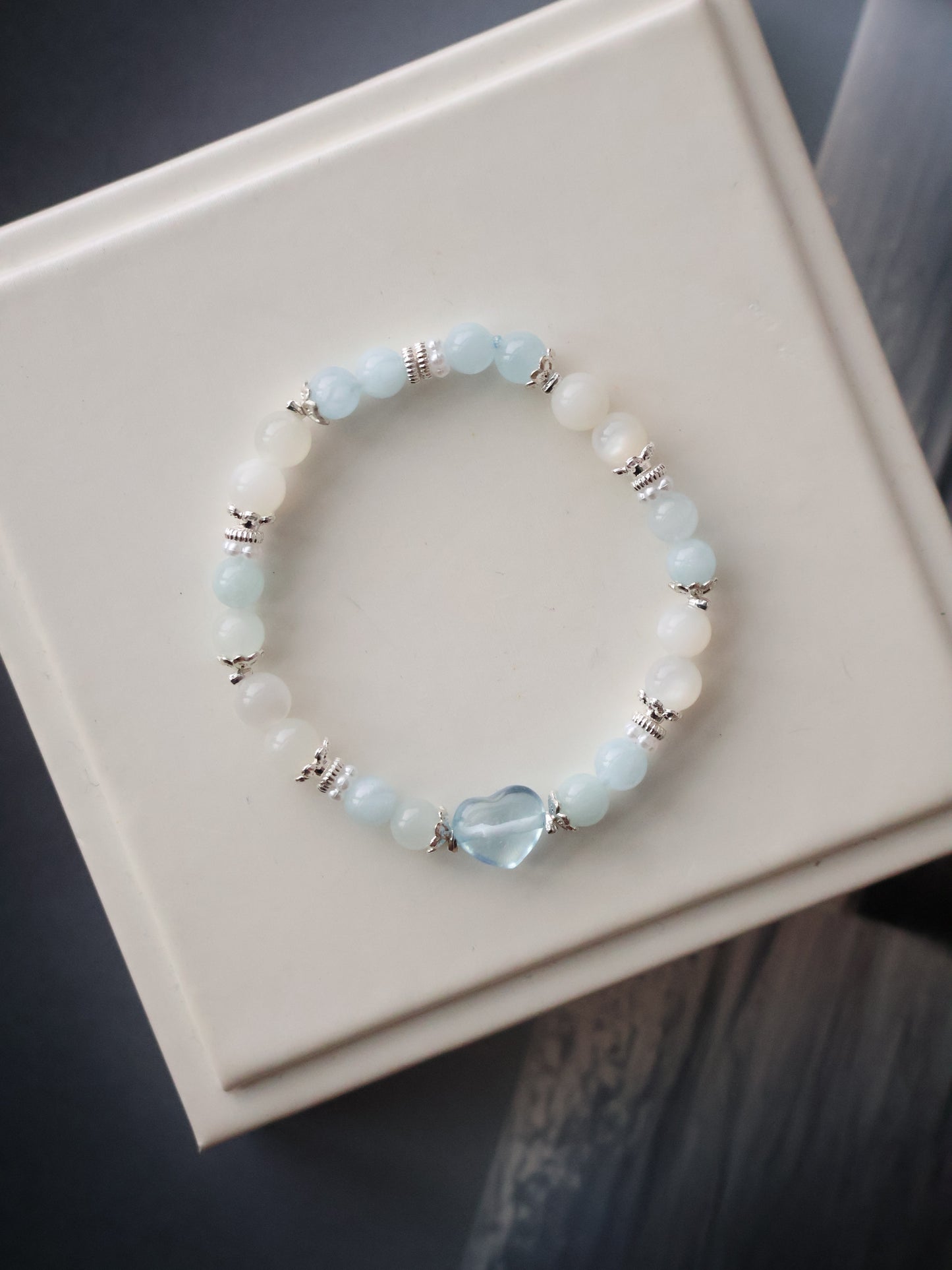 *Instocks*- Dain - 6mm Aquamarine & White Flash Moonstone Stacker with Heart Carving Natural Crystal Bracelet (Elastic)