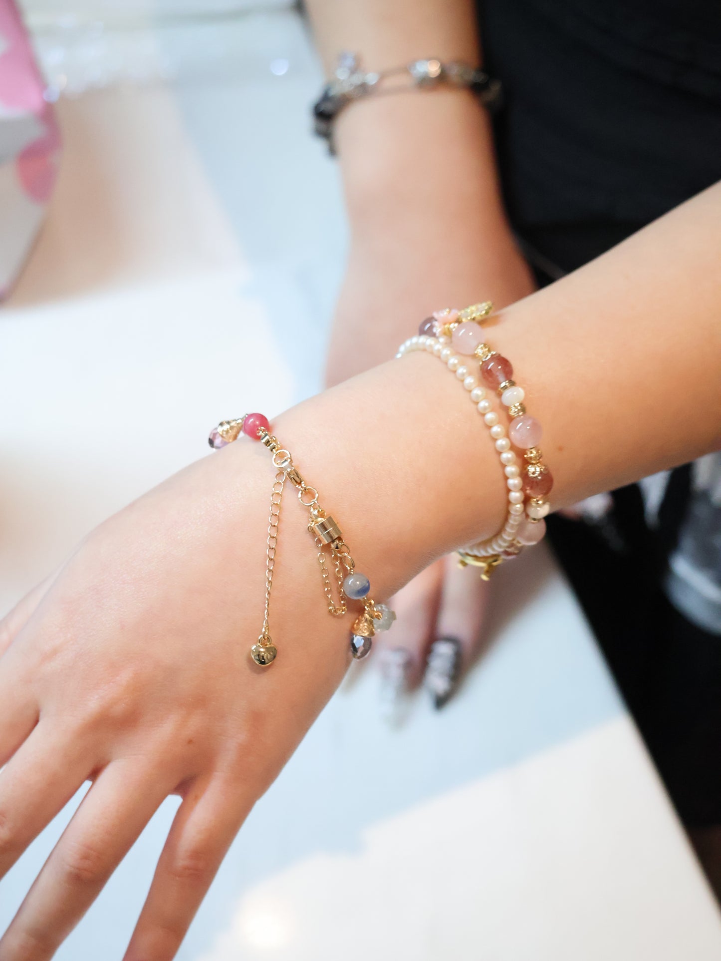 Rose Quartz, Blue Kyanite, Blue Topaz, Aquamarine & Rhodonite — Rosensia Bleu Chain Bracelet | 8mm (Magnetic Opening, Chain)