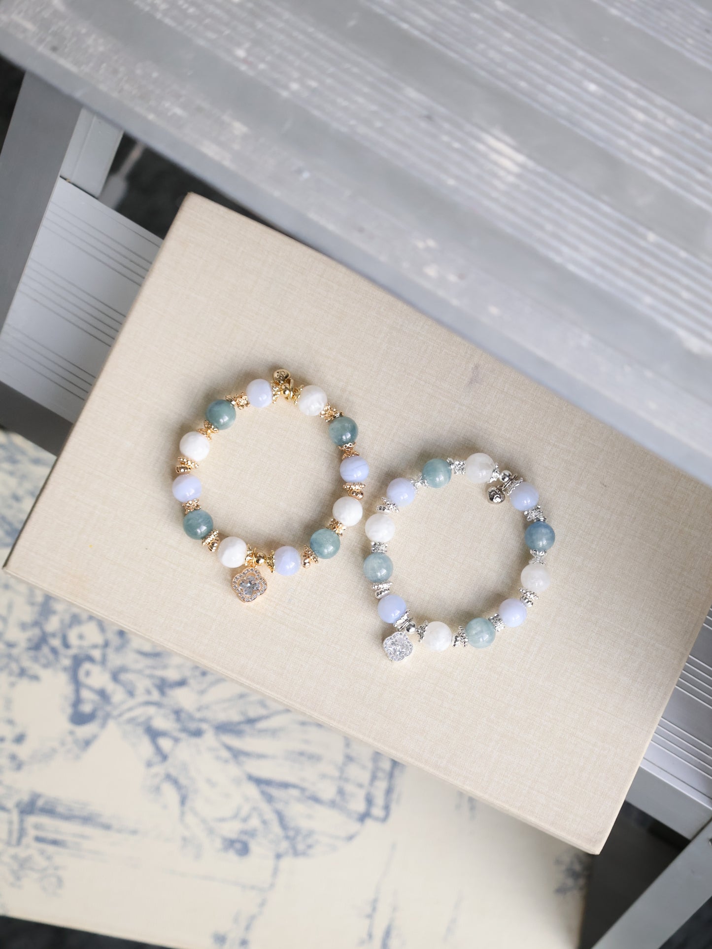 Blue Kyanite, Blue Lace Agate & White Phantom Quartz with Sparkly Clover — Monet Cordelia Twin Crystal Bracelet | 10mm (Elastic)