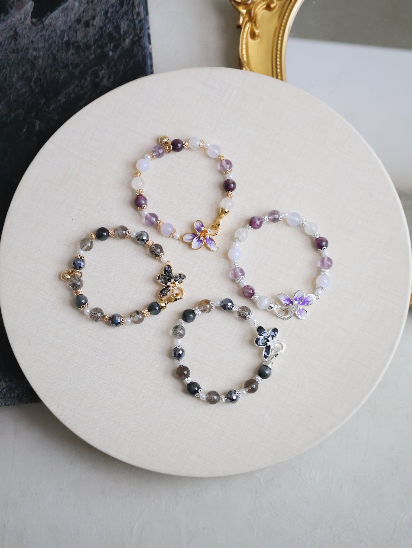 Black Strawberry Quartz, Hematite, Herkimer Diamond & Grey Tiger’s Eye — Plumeria Black | 8mm (Elastic, OT Clasp)