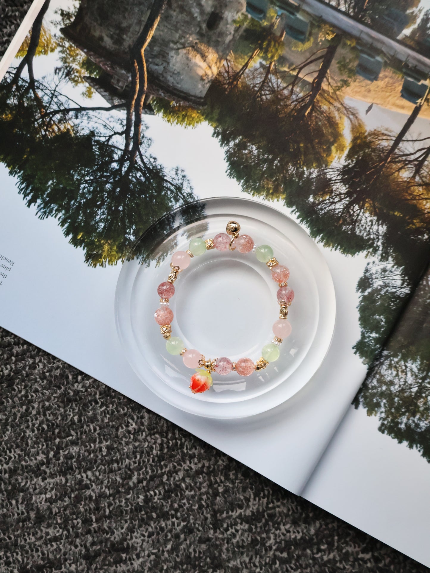 *Instocks* Anya: 8mm Strawberry Quartz, Prehnite, Rose Quartz, Heated Copper Rutile with Dangly Strawberry Charm