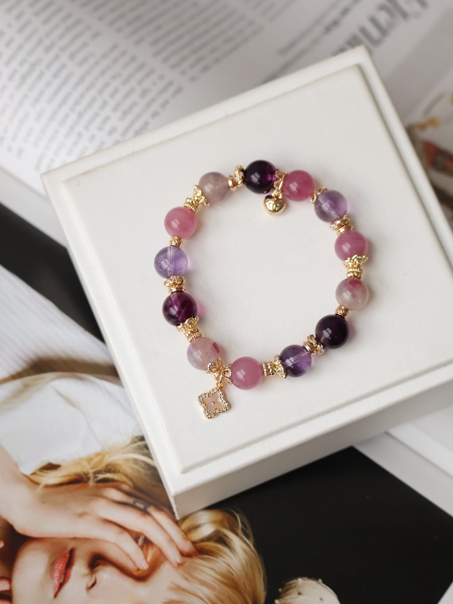 *Instocks* - The Luxe Edit - 10mm Lavender Rose Quartz, Amethyst, Unicorn Stone & Purple Fluorite with Clover Charm (Elastic)