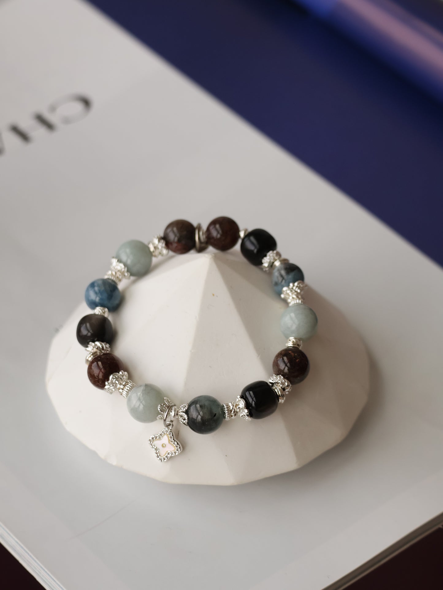 Black Obsidian, Black Gold Super 7, Devil Blue Aquamarine & Wuji Jadeite Crystal Bracelet with Clover Charm — The Luxe Edit | 10mm (Elastic)