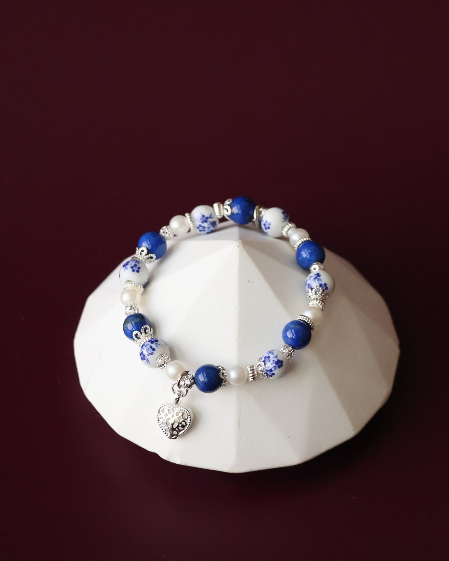 *Instocks* Chinese Porcelain Inspired - 8mm Lapis Lazuli with Heart Dangly