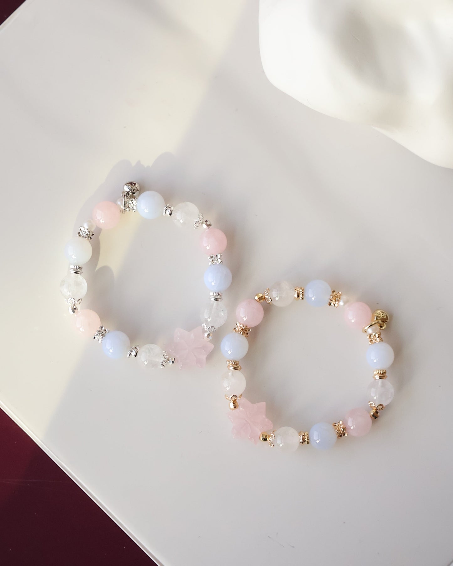 *Instocks* Starley - 10mm Blue Chalcedony, White Phantom Quartz & Rose Quartz with Rose Quartz Snowflake Charm (Elastic)