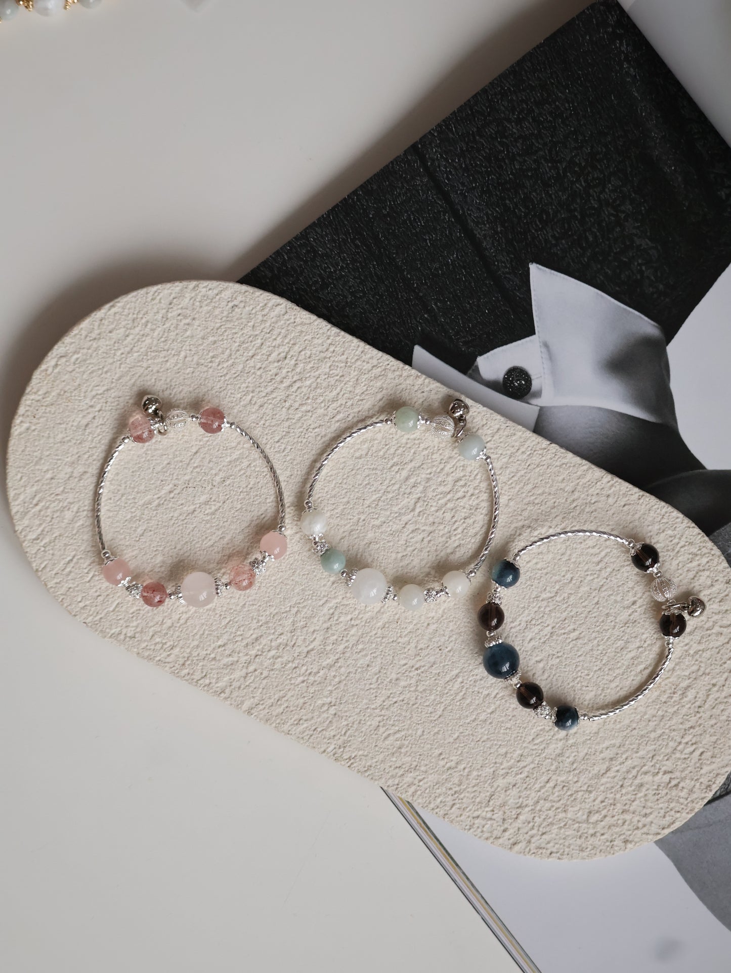 *Instocks* Orianna Bangles Series: 8mm Green Jadeite, White Phantom Quartz