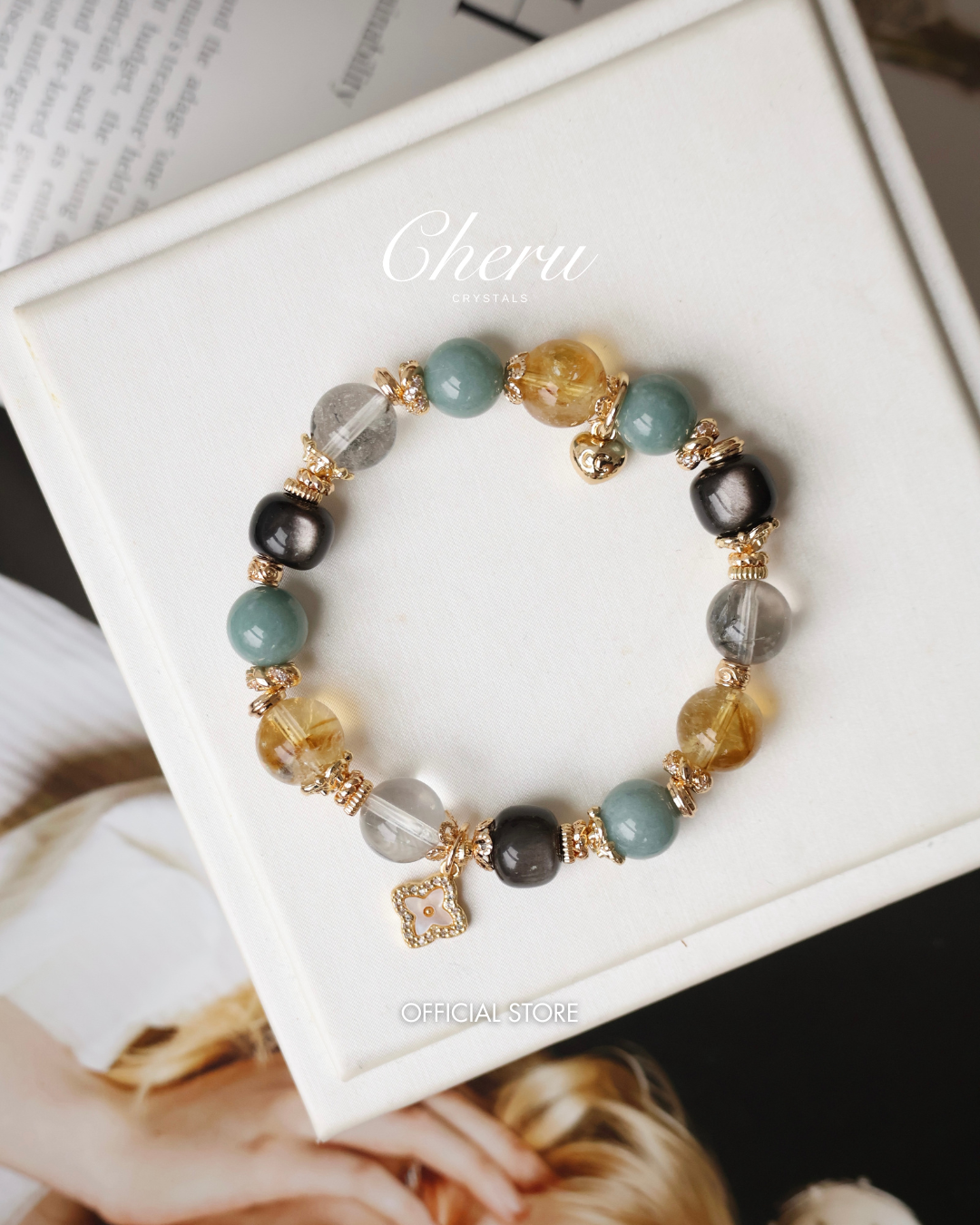 *Instocks* - The Luxe Edit - 10mm Citrine, Black Obsidian, Herkimer Diamond & Blue Water Jadeite with Clover Charm (Elastic)