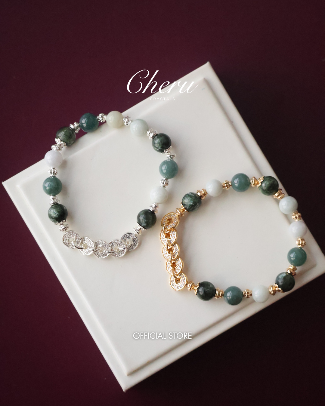 *Instocks* - Fengshui Coins Eirene - 8mm Seraphinite, Blue Water Jadeite & Green Jadeite (Elastic)