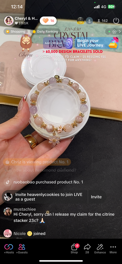 *Instocks* Pink Purple Emerald Mica, Lilac Chalcedony & Rose Quartz with Pink Flower & Mini Flower Bouquet Crystal Bracelet (Elastic)