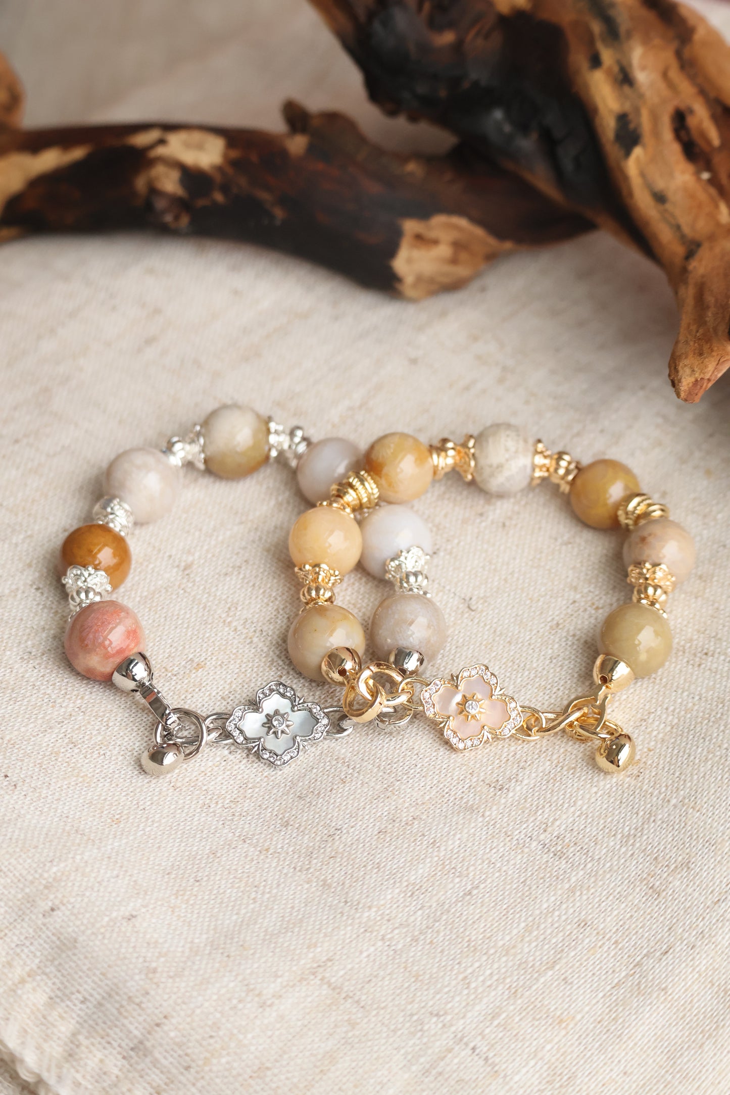 *Instocks* Fossilised Coral Jade with Clover Charm Crystal Bracelet (Elastic)