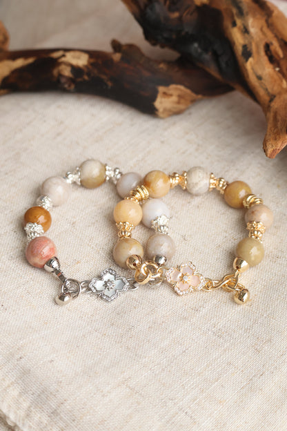 *Instocks* Fossilised Coral Jade with Clover Charm Crystal Bracelet (Elastic)