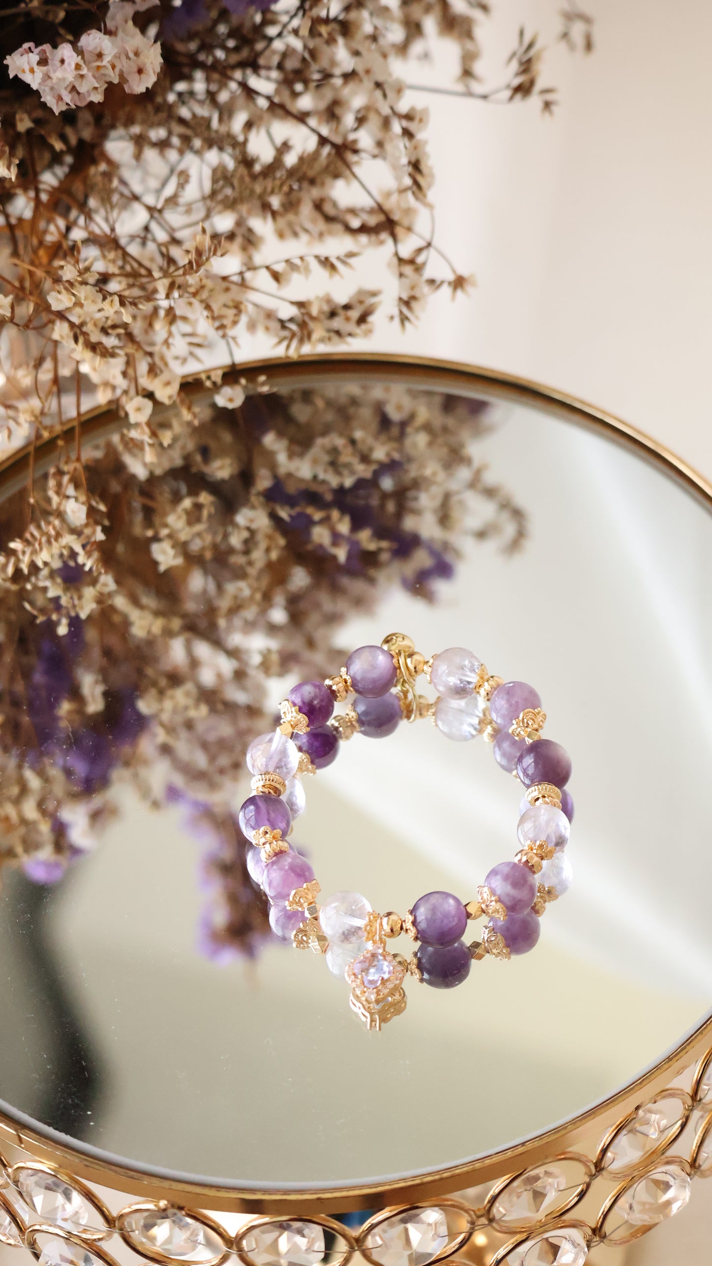 *Backorder* Clovette - Amethyst, Pink Purle Emerald Mica & Purple Gem Lepidolite with Sparkly Purple Clover Crystal Bracelet (Elastic)