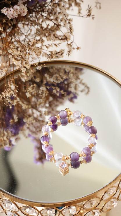 *Backorder* Clovette - Amethyst, Pink Purle Emerald Mica & Purple Gem Lepidolite with Sparkly Purple Clover Crystal Bracelet (Elastic)