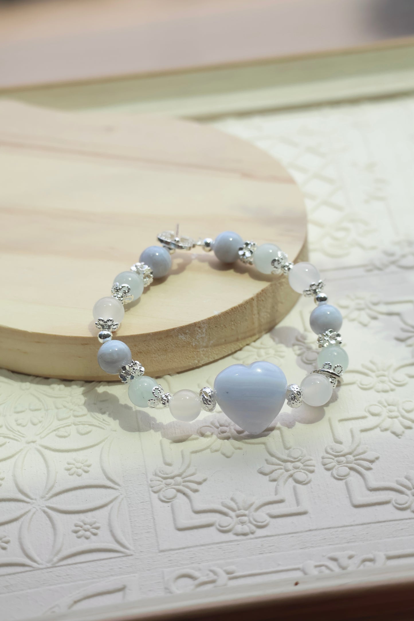 *Instocks* Blue Lace Agate, Aquamarine & White Agate with Blue Lace Agate Heart Crystal Bracelet (Elastic)