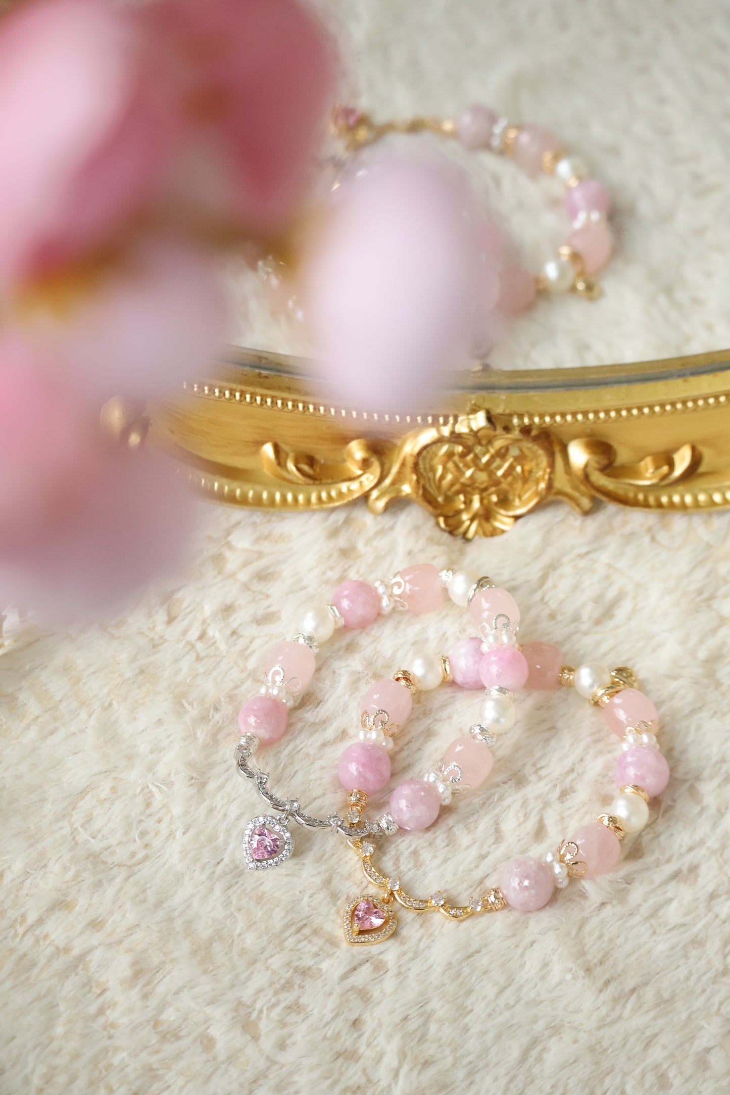*Instocks* Pink Purple Emerald Mica & Rose Quartz Drum Beads with Princessy Pink Heart Bangle Crystal Bracelet (Elastic)