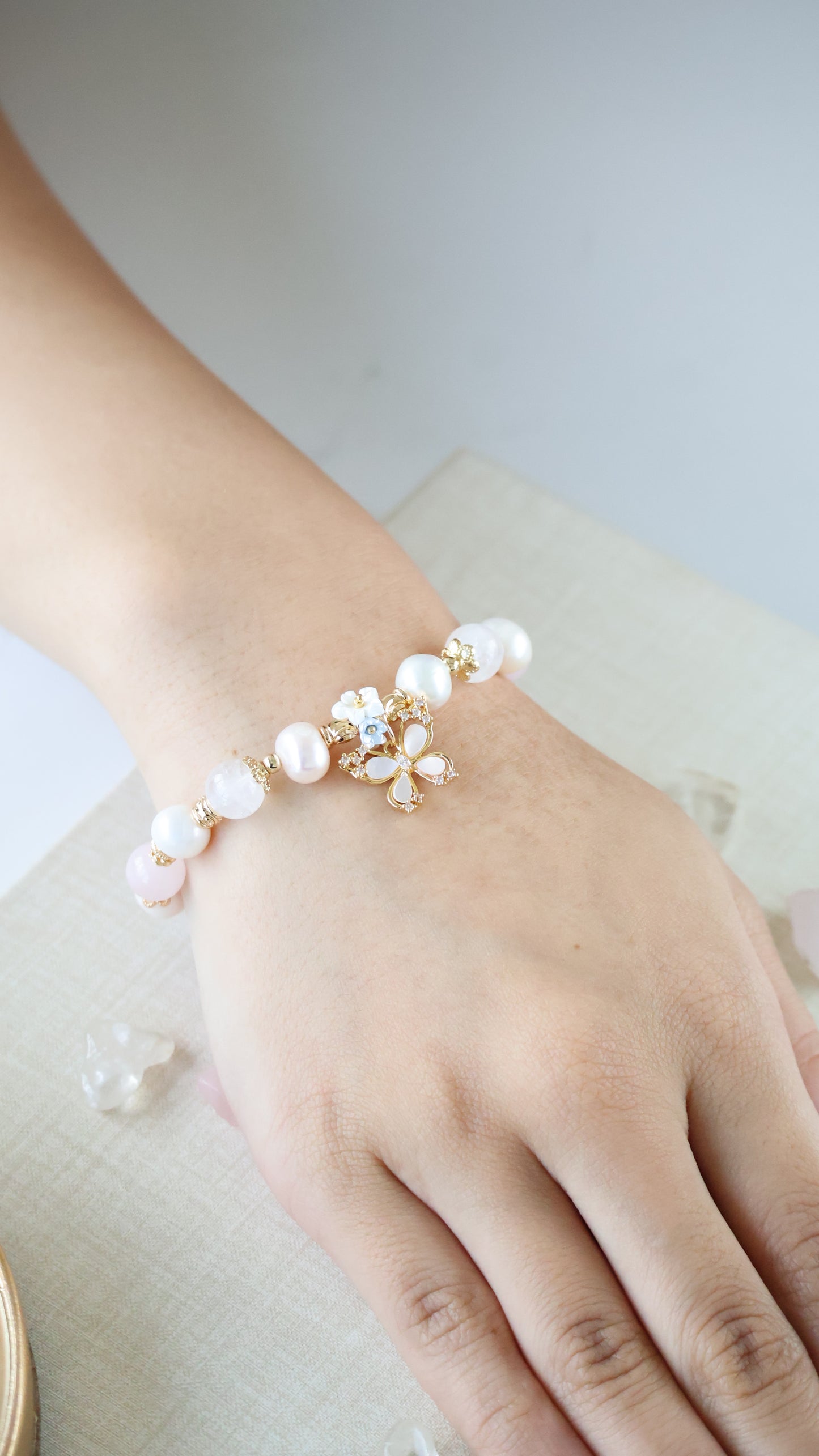 *Backorder* Pearlyn - Milky Aquamarine, Rose Quartz, White Phantom Quartz & Freshwater Pearls with MOP Butterfly Crystal Bracelet (Elastic)