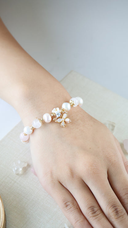 *Backorder* Pearlyn - Milky Aquamarine, Rose Quartz, White Phantom Quartz & Freshwater Pearls with MOP Butterfly Crystal Bracelet (Elastic)