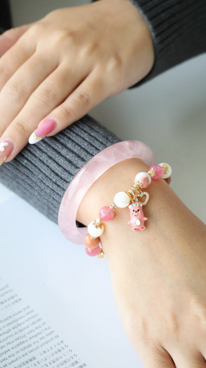 *Backorder* Loopy - Flower Agate, Sakura Rhodonite & White Conch with Loopy & Heart Crystal Bracelet (Elastic)