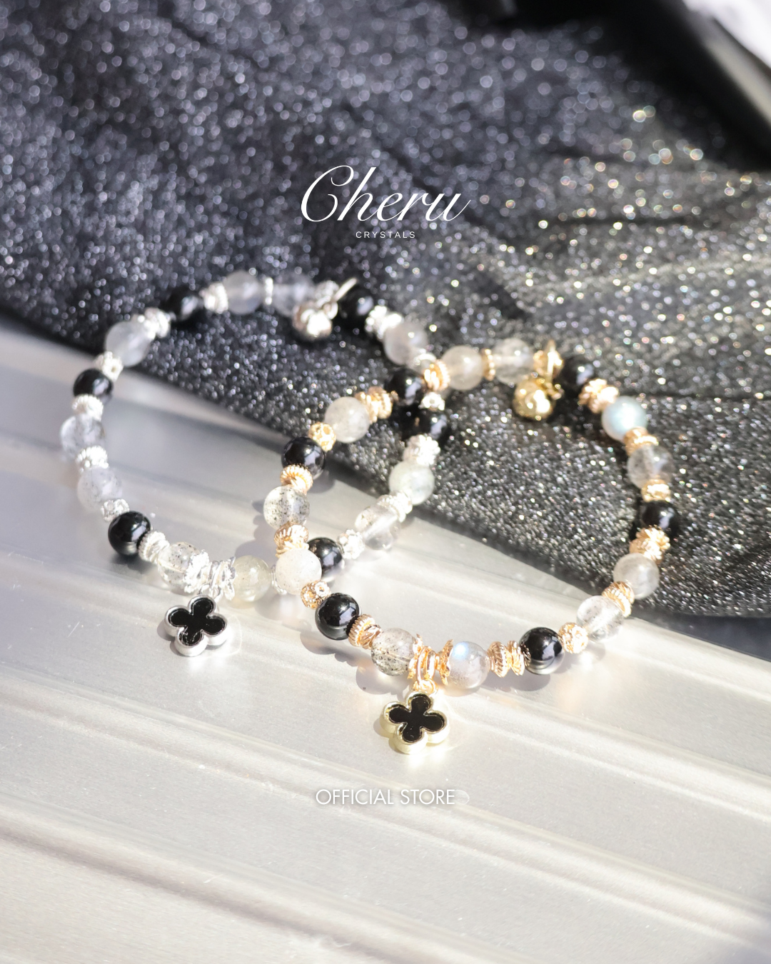 Black Strawberry Quartz, Labradorite & Black Tourmaline  Crystal Bracelet — Black Mini Clover Stacker | 8mm (Elastic)