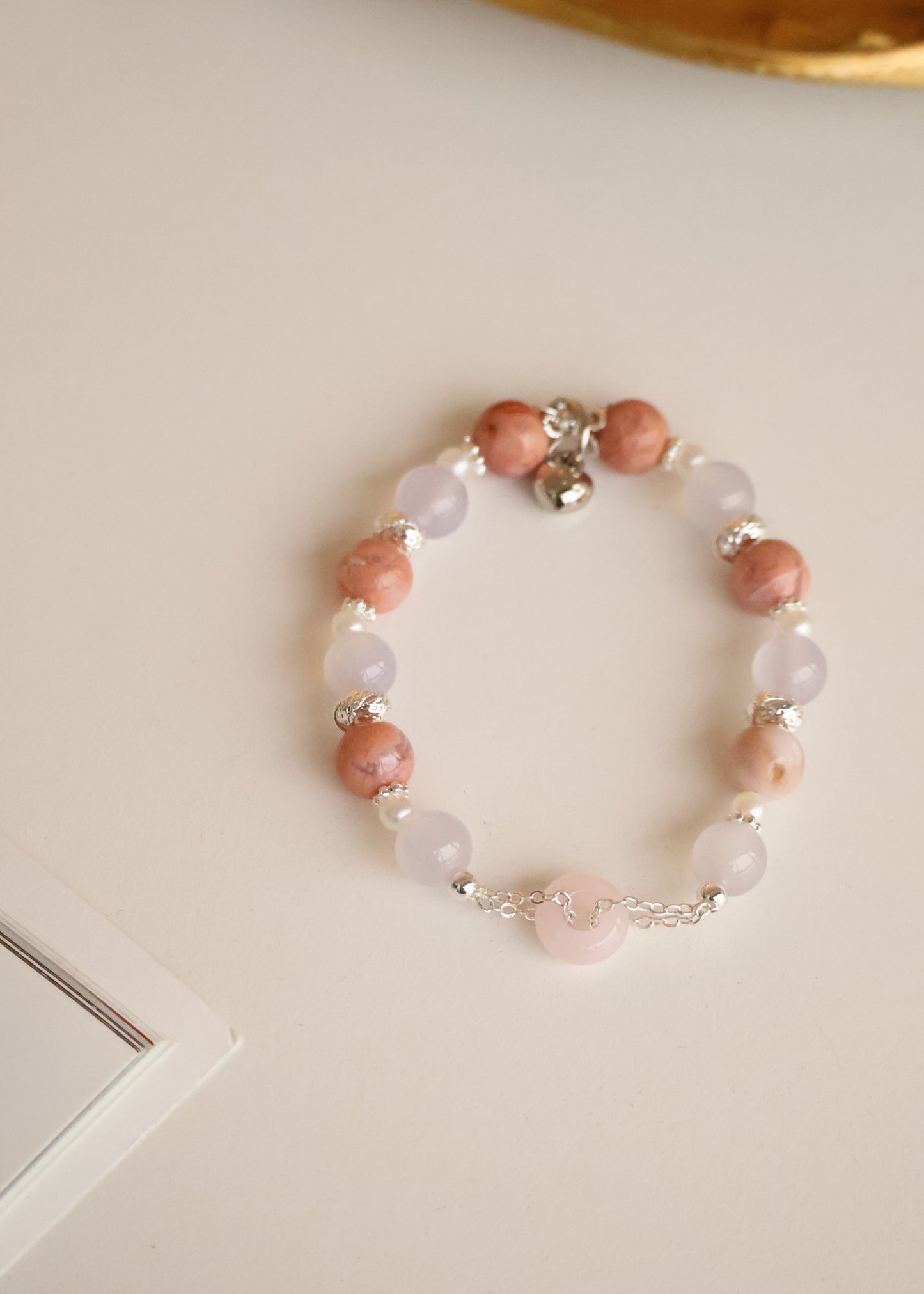 *Instocks* Flower Agate & Lilac Chalcedony with Rose Quartz Ping An Kou 平安扣 Crystal Bracelet (Elastic)