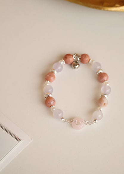 *Instocks* Flower Agate & Lilac Chalcedony with Rose Quartz Ping An Kou 平安扣 Crystal Bracelet (Elastic)