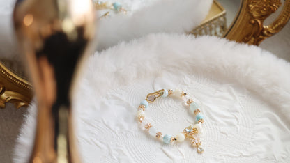 *Instocks* Larimar, White Conch & Aquamarine with Blue Heart & Clover OT Clasp Crystal Bracelet (Elastic)