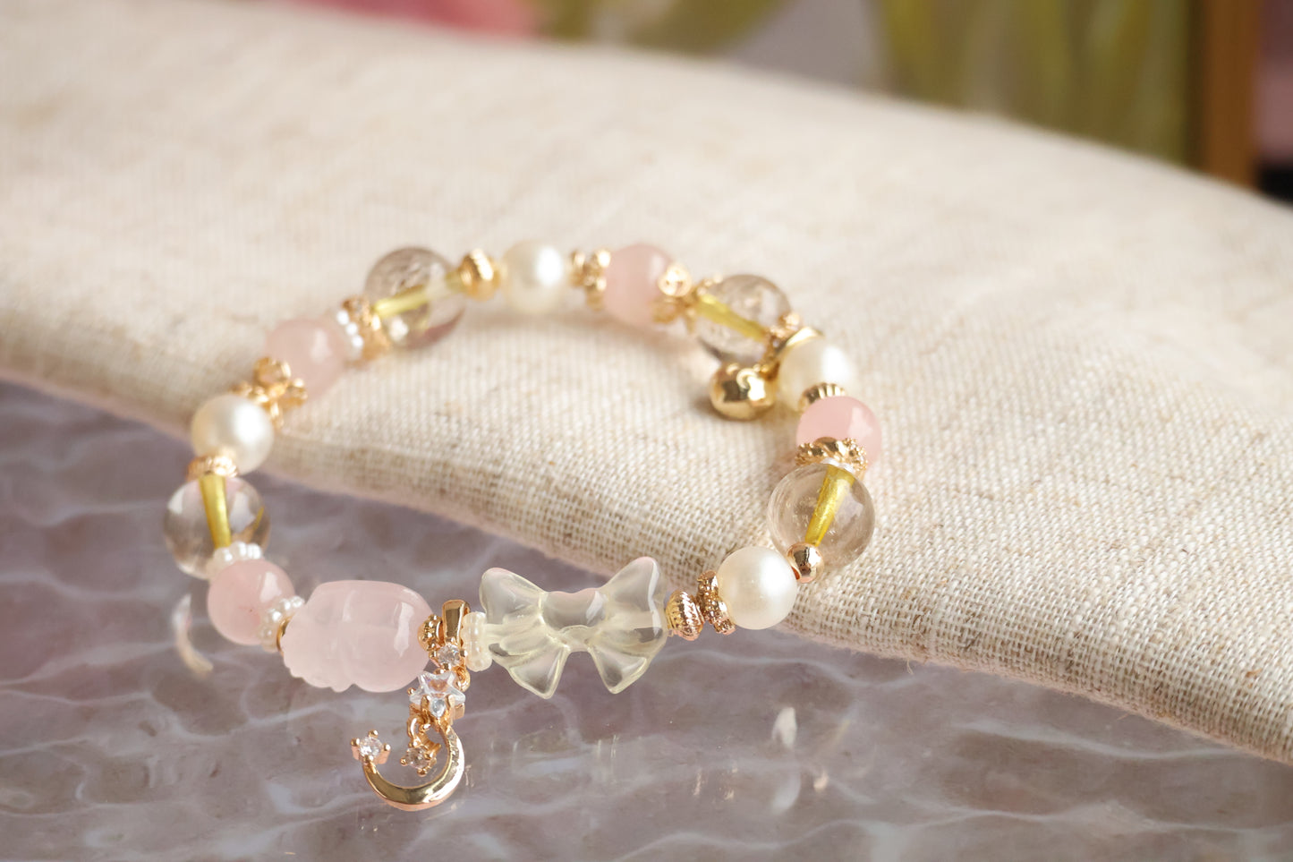 *Instocks* Gold Rutile & Rose Quartz with Lemon Quartz Ribbon & Rose Quartz Pixiu Crystal Bracelet (Elastic)