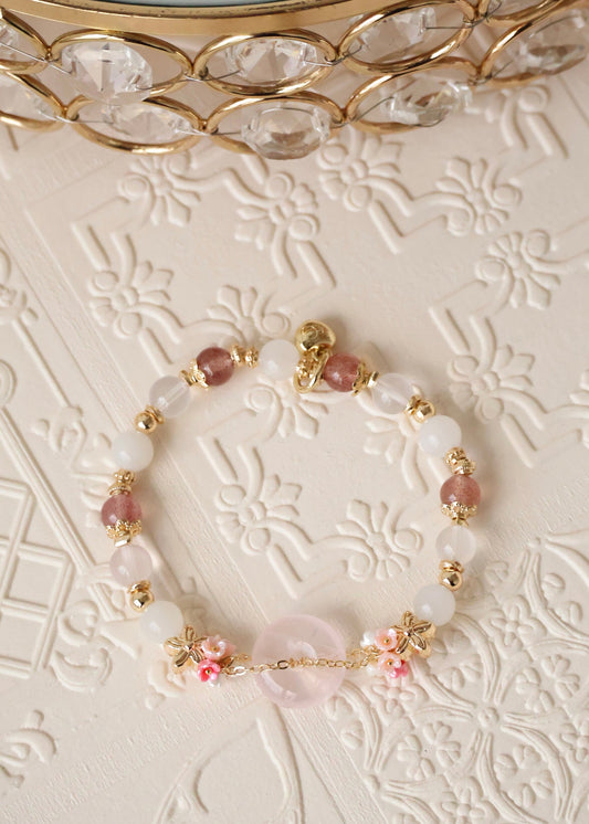 *Backorder* Rose Quartz Ping An Kou 平安扣  - Strawberry Quartz, Rose Quartz & Moonstone with Double Bouquet Crystal Bracelet (Elastic)