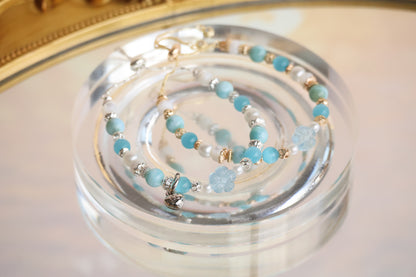 *Instocks* Larimar, Blue Cat Eye & White Conch Rondelles with Aquamarine Sakura Flower Crystal Bracelet (Push pull)