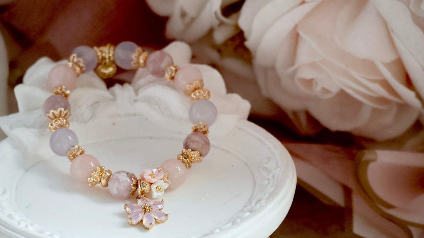 *Instocks* Pink Purple Emerald Mica, Lilac Chalcedony & Rose Quartz with Pink Flower & Mini Flower Bouquet Crystal Bracelet (Elastic)