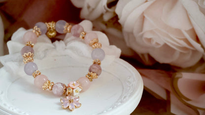*Instocks* Pink Purple Emerald Mica, Lilac Chalcedony & Rose Quartz with Pink Flower & Mini Flower Bouquet Crystal Bracelet (Elastic)