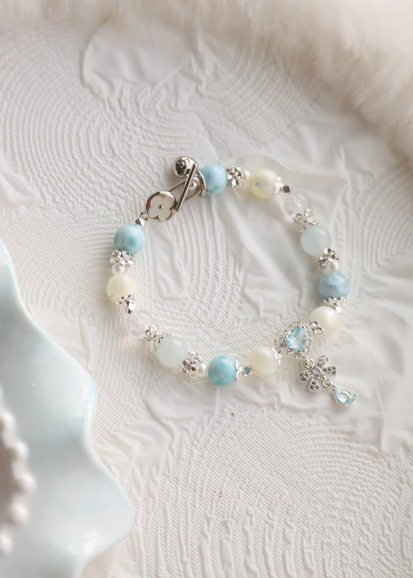 *Instocks* Larimar, White Conch & Aquamarine with Blue Heart & Clover OT Clasp Crystal Bracelet (Elastic)