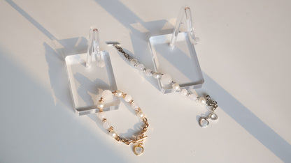 *Instocks*  White Jadeite & White Agate with White Jadeite Rose, Chain & OT Clasp and MOP Heart Crystal Bracelet (Elastic)