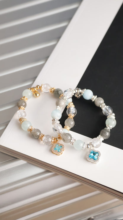 *Instocks* Cordelia Twin - Milky Aquamarine, Grey Rabbit Hair & Crackled Clear Quartz with Sparkly Blue Clover Crystal Bracelet (Elastic)