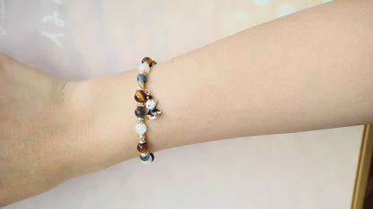 *Backorder* 6mm Polo RL - Devil Blue Aquamarine, Tiger's Eye & White Flash Moonstone with Bear Crystal Bracelet (Elastic)
