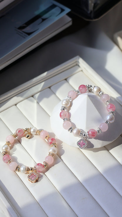 *Backorder* Cordelia Twin - Sakura Rhodonite, Rose Quartz & Freshwater Pearl with Sparkly Pink Clover Crystal Bracelet (Elastic)