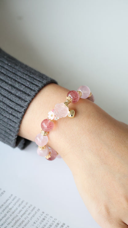*Backorder* Rosie - Strawberry Quartz, Pink Purple Emerald Mica & Rose Quartz with Rose Quartz Rose & Bouquet Crystal Bracelet (OT Clasp)