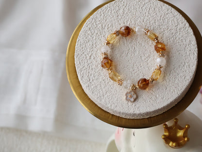 *Instocks* Cheru Customs - Faceted Azeztulite Citrine, Faceted Citrine Freeform & White Phantom Quartz with Flower Charm Crystal Bracelet