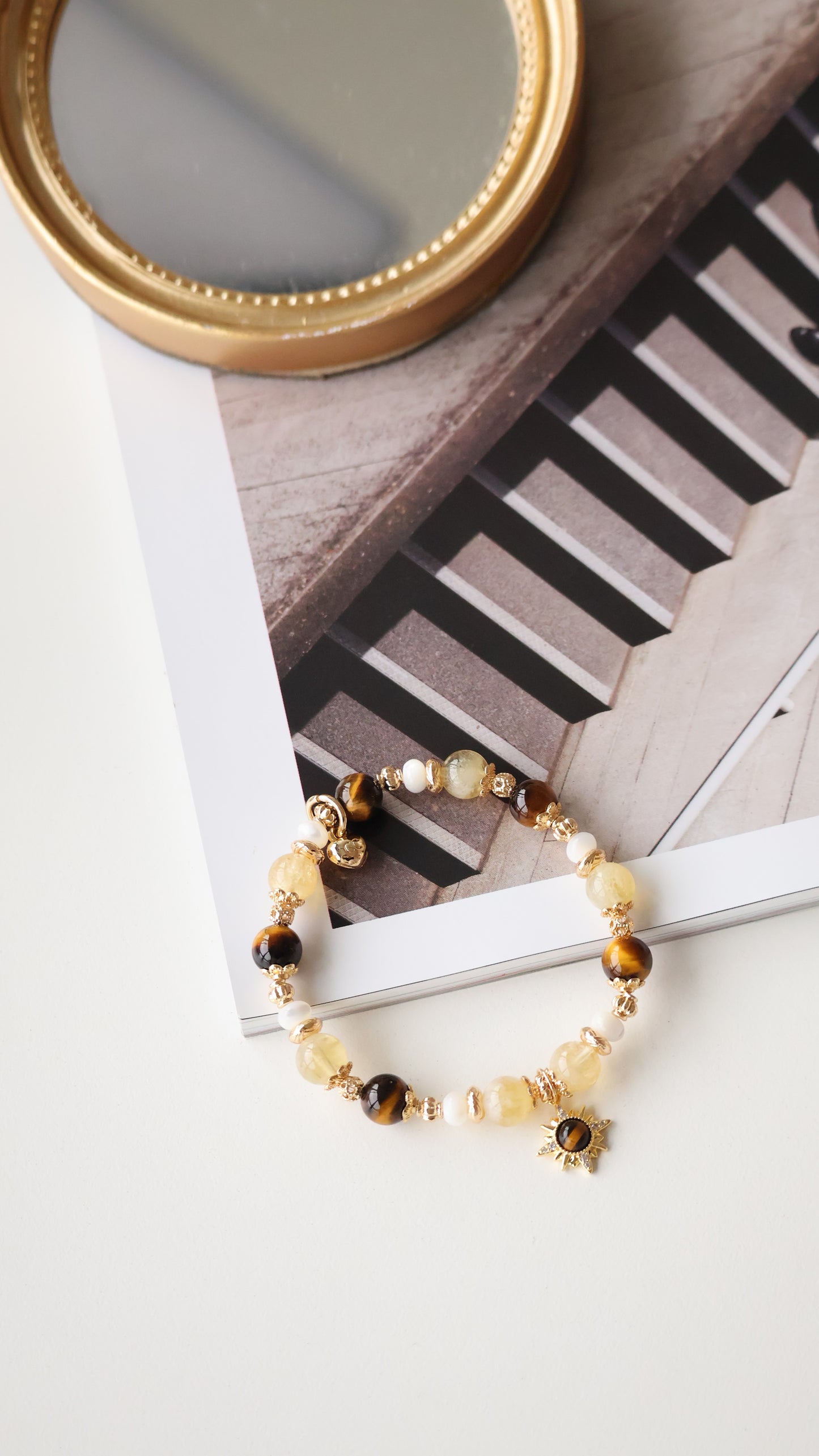 *Backorder* Eye of the Tiger - Azeztulite Citrine, Tiger's Eye & White Conch Rondelles Crystal Bracelet (Elastic)