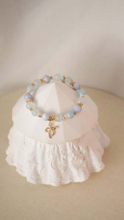 *Backorder* Musa - Blue Lace Agate, Aquamarine & Milky Aquamarine with Bow Crystal Bracelet (Elastic)