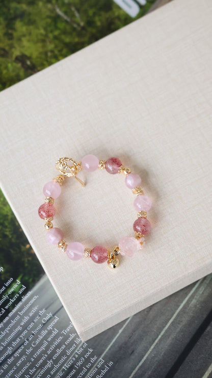 *Backorder* Rosie - Strawberry Quartz, Pink Purple Emerald Mica & Rose Quartz with Rose Quartz Rose & Bouquet Crystal Bracelet (OT Clasp)