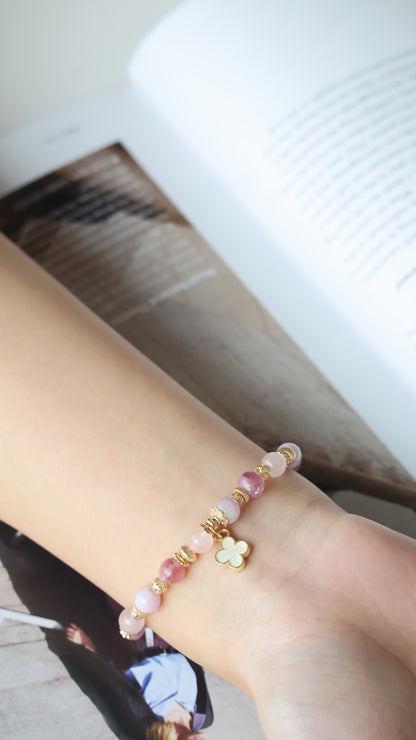 *Instocks* Mini Clover Stacker - Pink Purple Emerald Mica, Kunzite & Rose Quartz Crystal Bracelet (Elastic)