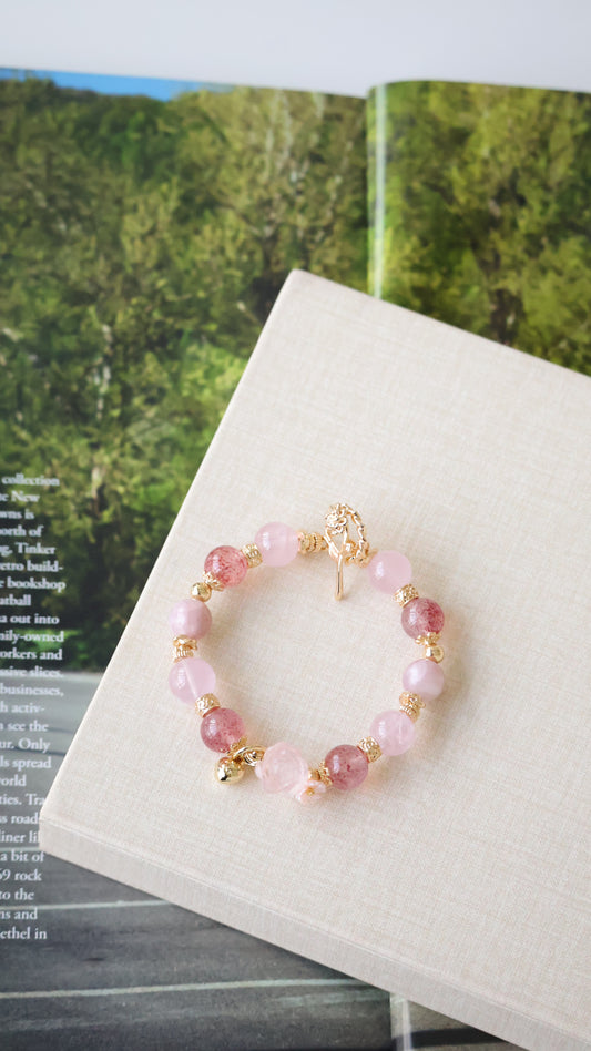 *Backorder* Rosie - Strawberry Quartz, Pink Purple Emerald Mica & Rose Quartz with Rose Quartz Rose & Bouquet Crystal Bracelet (OT Clasp)