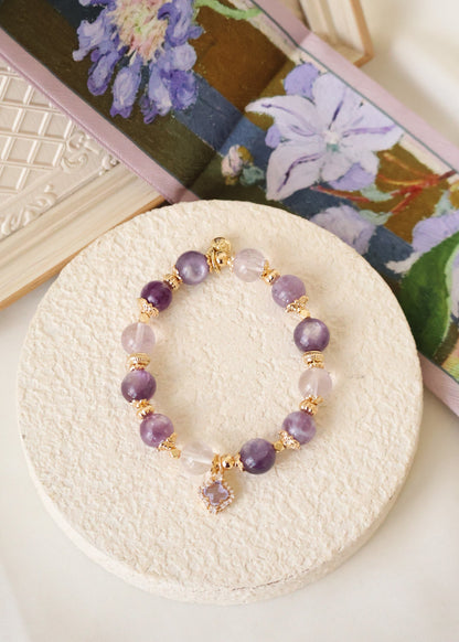 *Backorder* Clovette - Amethyst, Pink Purle Emerald Mica & Purple Gem Lepidolite with Sparkly Purple Clover Crystal Bracelet (Elastic)